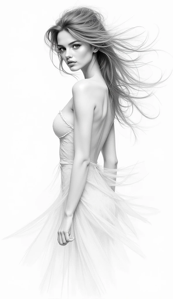 black and white photorealism, Masterpiece quality, Professional lighting, Beautiful girl in white dress, The perfect female face, expressive eyes, slender long legs