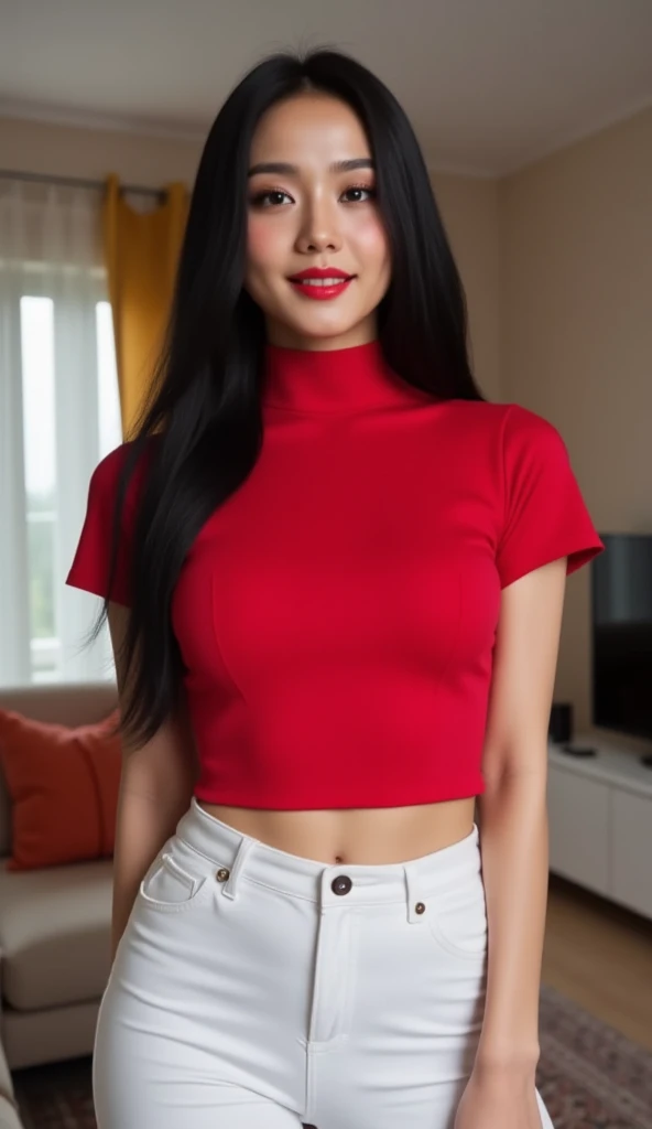 highest quality,masterpiece,Ultra-high resolution,Original photo, Ultra-high resolution,Two Girls:1.5,Slender body, Full nude Body,high waist,Flashy makeup using red eyeshadow,Big smile,Short cut with subtle side waves,whole body,studio background,topless nude, erect nipples, ((fully naked)), pink skirt