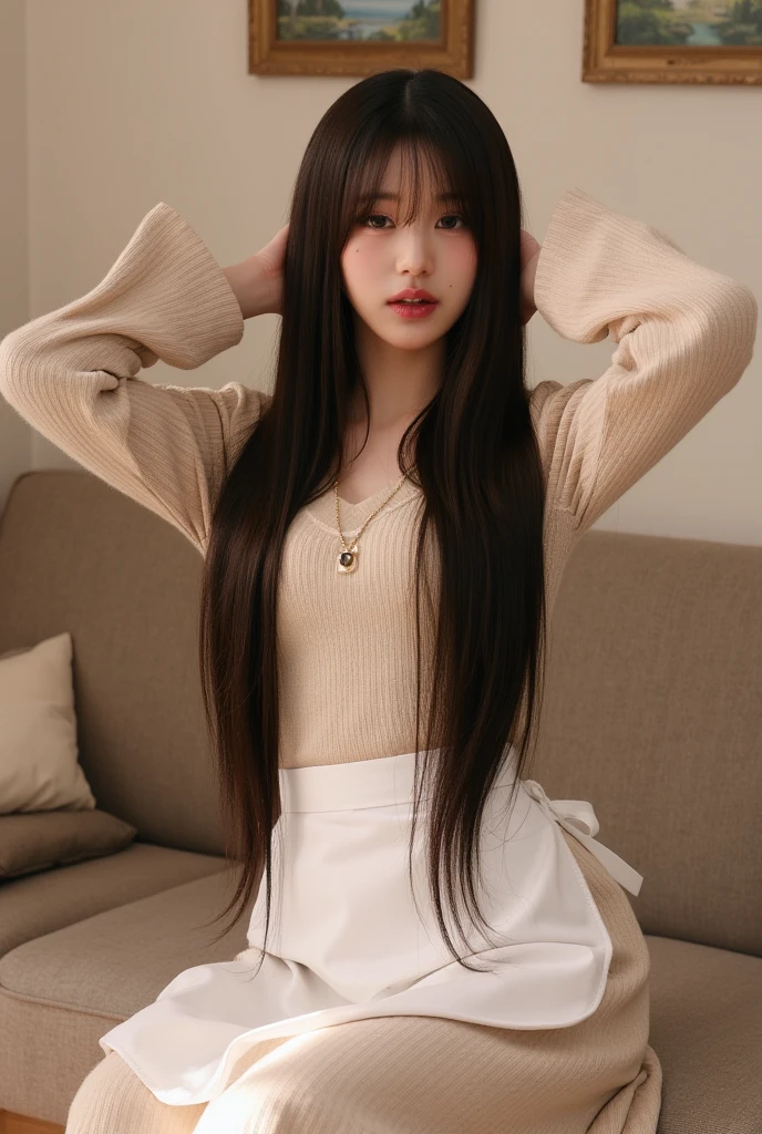 super ultra realistic、high quality、black hair、long hair、japanese beauty、Light makeup、double、Wide-set eyes、Wise eyes、Drowsy eyes、apple cheeks、alabaster skin、dark eyebrows 、fang、thick lips、tight fitting knit、big hips、lie on bed、sad、on back、embarrassed 、full-face blush、tongue out、tearing up、
22 years old、Height 160cm、three size: 82.57.79、