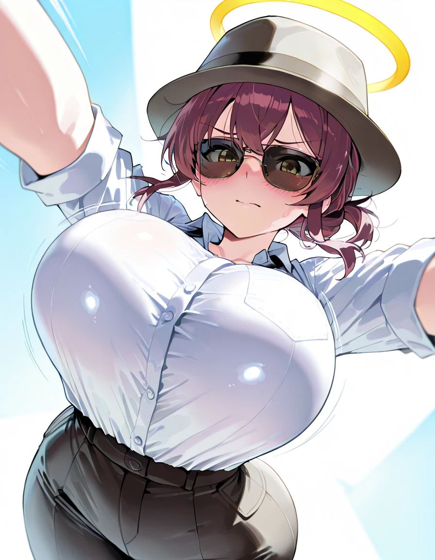 1girl, solo, mature female, milf, gigantic breasts, plump, curly hair, short hair, short bangs, orange hair, green eyes, freckles, glasses, white shirt, sleeves, black thong