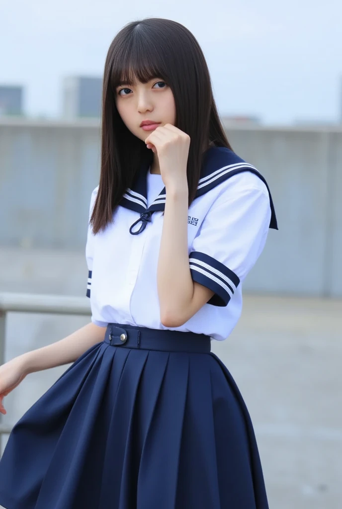 sailor suit, one woman, (a beauty woman, delicate :1.3), black hair, semi straight hair, Bangs Patsun, 8K, highest quality, masterpiece, Super detailed, ultra high resolution, realistic, RAW photo, absolute resolution, small face compared to body (4:1), very small face (4:1), The face is balanced, black hair, (Solid dark blue long-sleeved sailor suit), realistic女子高生, (((white headband))), small breasts, tall, slanted eyes, light blue eyes, (In front of the school gate), (black stockings), open your mouth, smile, School bag on shoulder, (((jump))),
