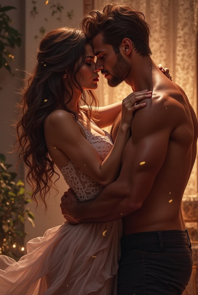 A handsome man grabbing an elegant beautiful woman from back, the background is mysterious with fire and twinkling light.