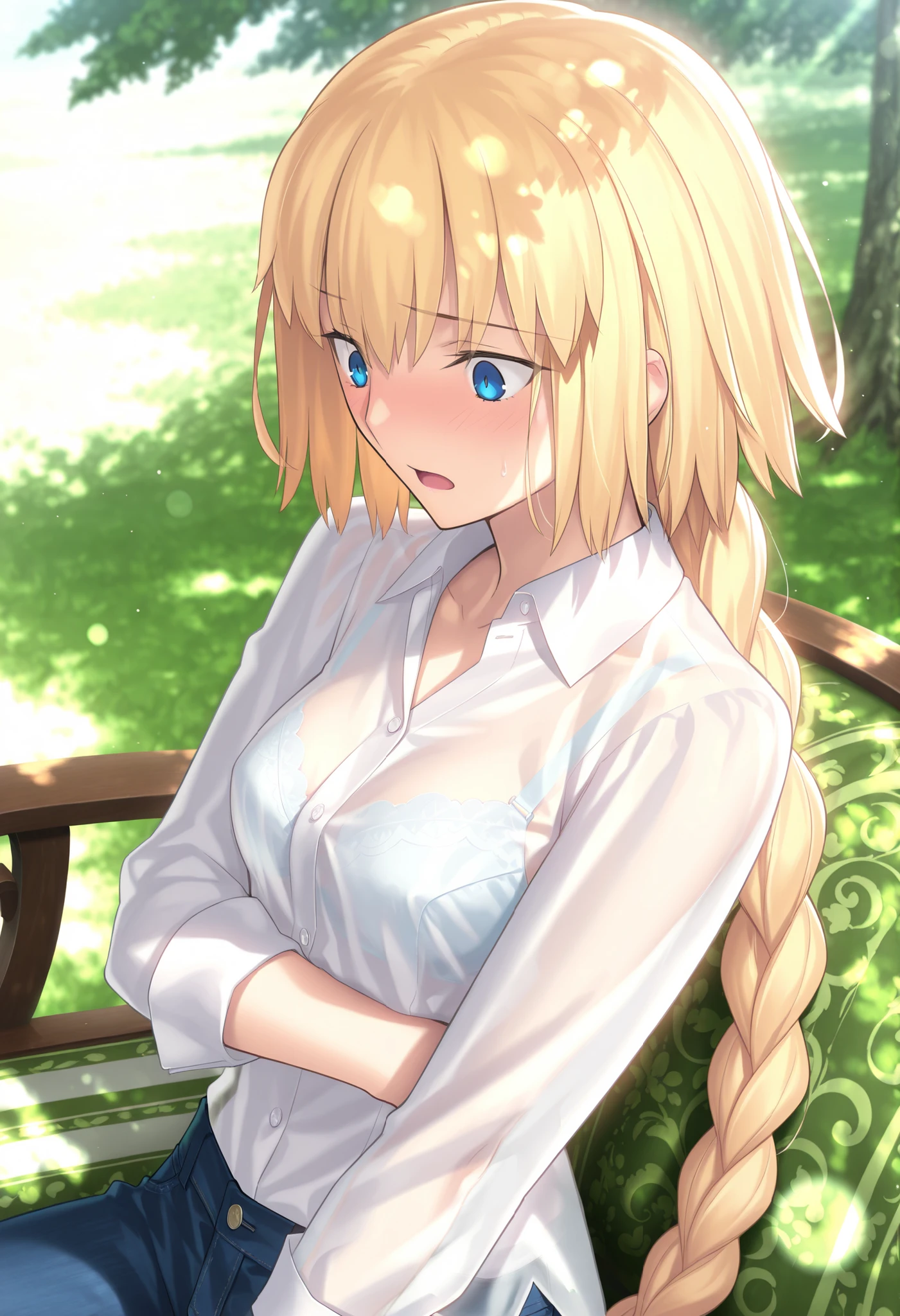 masterpiece, , absurdres, highres, detailed background, high resolution, masterpiece, necessary, detail, best quality, quality, necessary, details, High details, Precise, dark, outdoors, dappled sunlight, day, lens flare, blurry background, from above, upper body, from side,                                            
                                                                                                                                                                                                                         1girl, , Takeuchi Takashi (type-moon,tsukihime) style, takeuchi takashi style, (surprised, wide eyed), sitting, 
   
tall girl, mature, jeanne d arc, \(fgo\), blue eyes, half-closed eyes, jeanne d arc, blonde hair, medium hair, ( ), white dress shirt, ,big braid, single braid, small breasts, looking down, white panties, embarrassed , arm under breasts, bra, denim pants, light see-through,                                                                                                                                                                                                                                                                                                                                                                                                                                                                                                                                                                                   