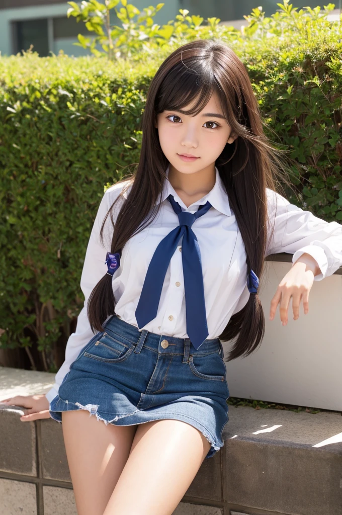 最high quality、Tabletop、High resolution、Japanese、18 years old、1 girl、No makeup、Full body image、high school student、uniform、Sailor suit、Pretty girl、(Capture your cute face in high definition)、アイドルのポートレートphotograph、Realistic、New York Cityscape、Blur the background,(High resolutionの肌:1.2)、Looking into the camera、Expressionless、8k、Digital single-lens reflex camera、Illuminated by the soft and bright morning sun、high quality, Volumetric Lighting, Frank, photograph, High resolution,4K、(正面からのphotograph、Angle from below、Girl sitting on a bench)、(Spread your legs:1.3)、White panties、One person、bangs、Long Hair、Loose wavy hair、全身のphotograph、Knee-length skirt、