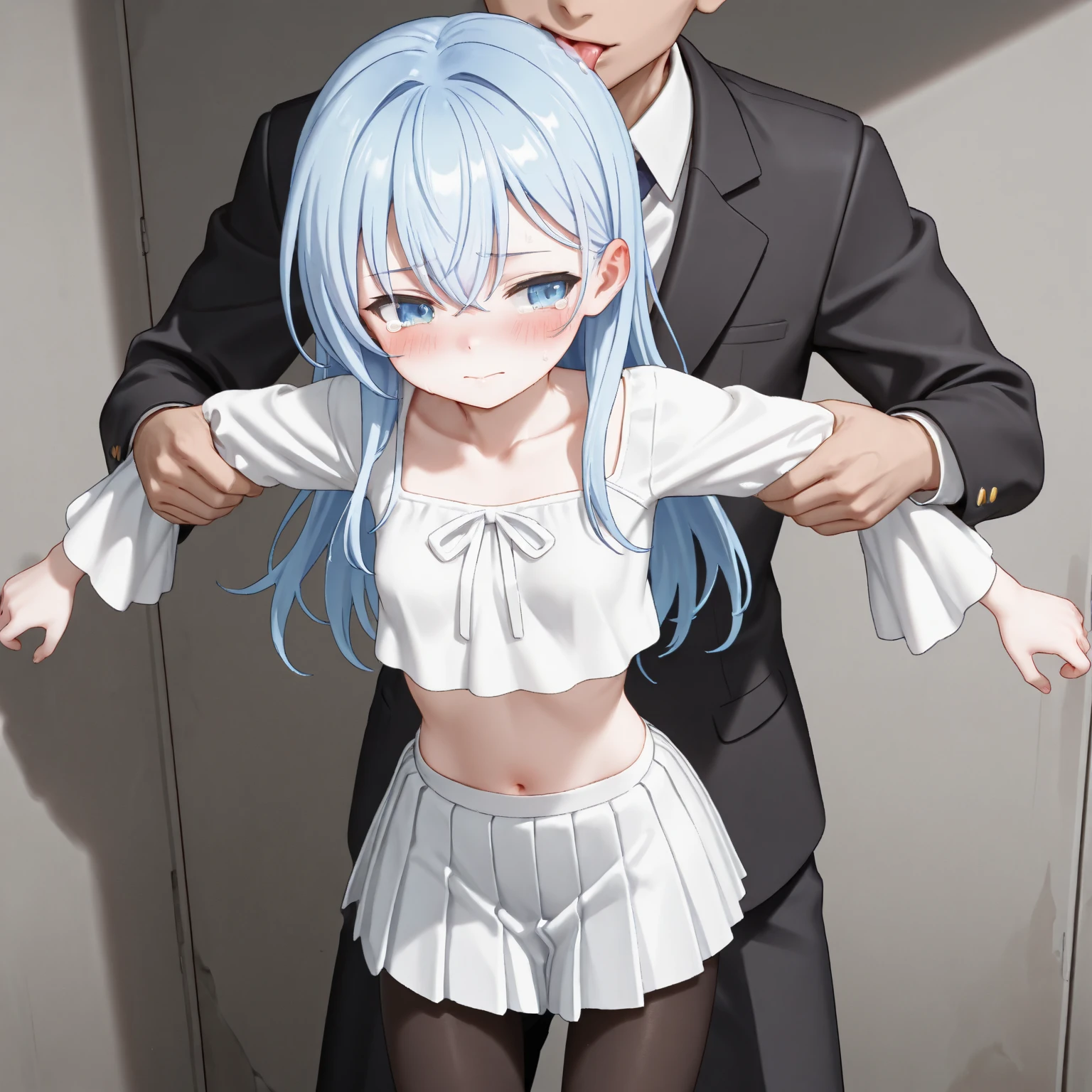 One、No clothing on、Being tied up with hands behind back、Walking through a crowd of well-dressed men、Many passersby are taking photos of me、Light blue hair、blue eyes、Standard Bust Size、Dead eyes、Feeling embarrassed、Are crying、Desperate look、Nipples、Pussy