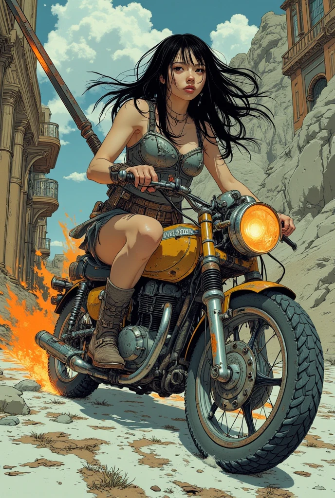 A post-apocalyptic warrior, a 35-year-old woman nearly naked in Simon Bisley style on a futuristic time-worn motorcycle, cabelo moicano colorido, Minimum clothing, roupas curtas,