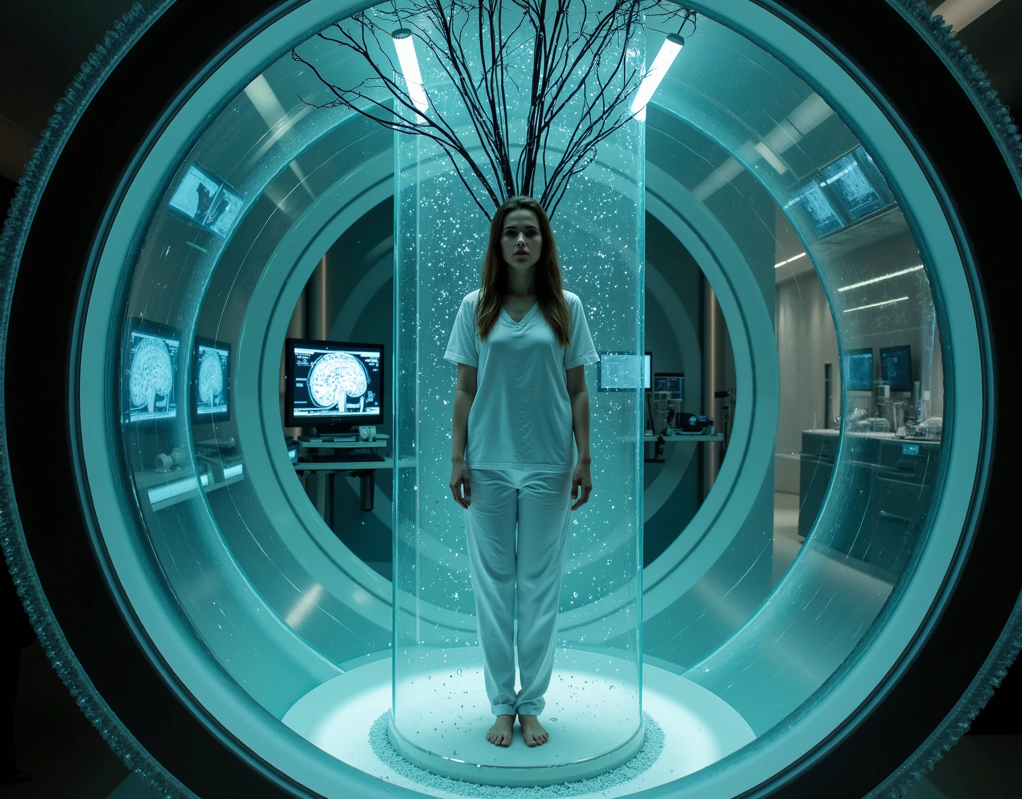 8k analog style, photorealistic, a 55yo skinny brunette woman in patient hospital clothes immersed in a translucent, transparent, gel-filled transparent crystal cylindrical tube. the woman floats in a giant glass tube filled of water, bubbles rise the surface, reflections, deformation. Standing, bare feet. Intricate black metal cables connected to her head, metal cables connected to her body, glowing faintly. A futuristic mind-reading machine and monitor surround her figure, blending the sleek pod designs of 'The Matrix' with advanced fMRI scanning technology. The setting is a dimly lit, high-tech laboratory with holographic displays, glowing monitors showing brainwave activity, and ambient blue-green lighting that emphasizes the cutting-edge machinery.