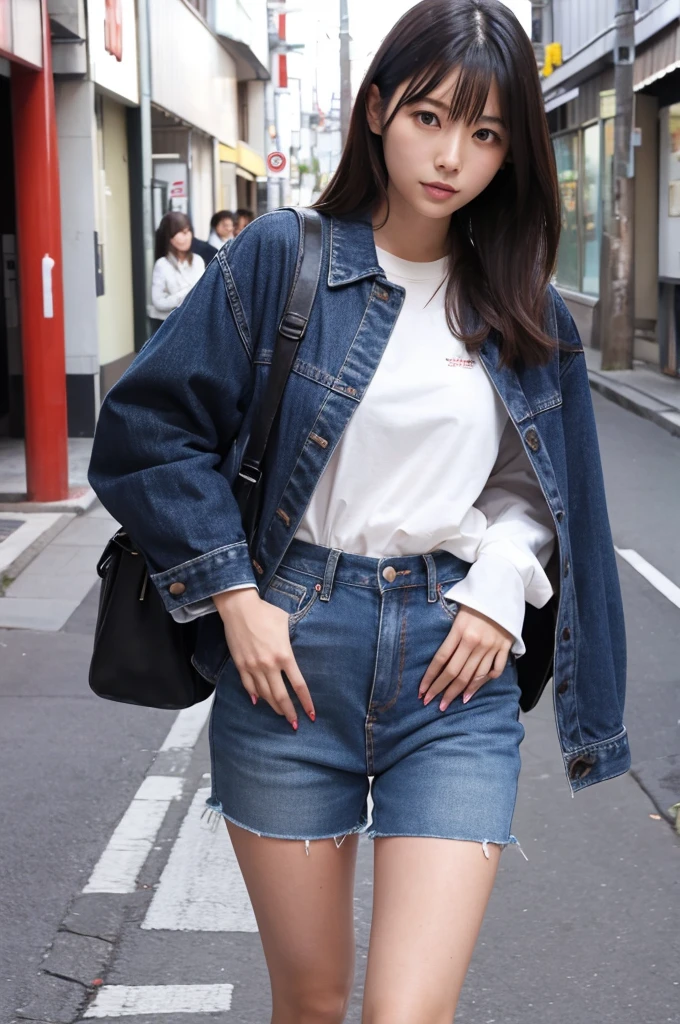 Wear a loose round neck T-shirt，Wear a long denim jacket，Wear a pair of black high waist shorts，It can cover the abdomen and make the legs look longer。