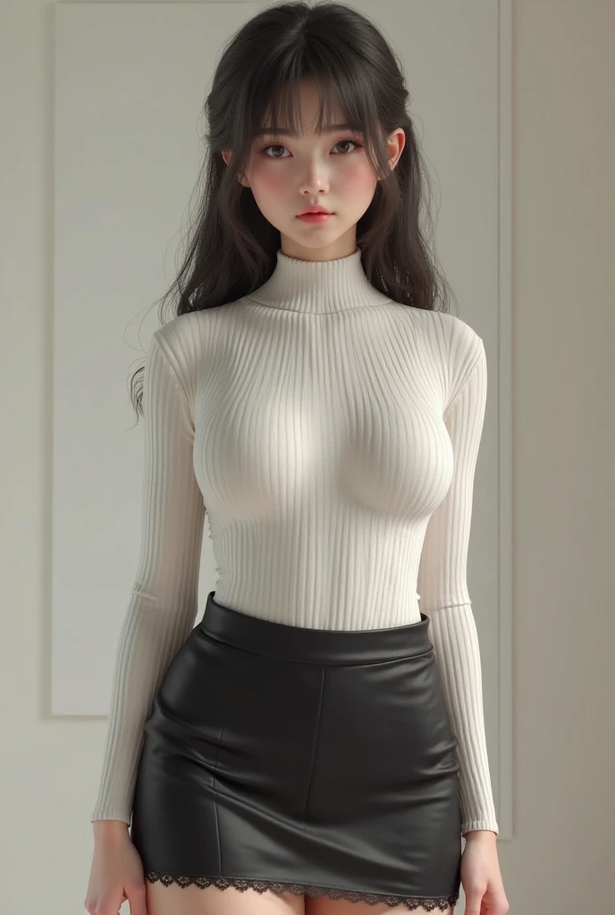 masterpiece、super high quality、Beautiful Face, 19 years old, Beautiful studio soft light, Crisp details, Beautiful background, Octane Rendering, 8K, Highest quality, masterpiece, Very determined and beautiful, Very detailed, CG, wallpaper, (Realistic, photo-Realistic: 1.3), wonderful, finely, Official Art, Very detailed 、CG 8K wallpaper, whole body, Sitting、Turtleneck sweater、Big Breasts、High Waist Leather Mini Skirt、tutor teacher