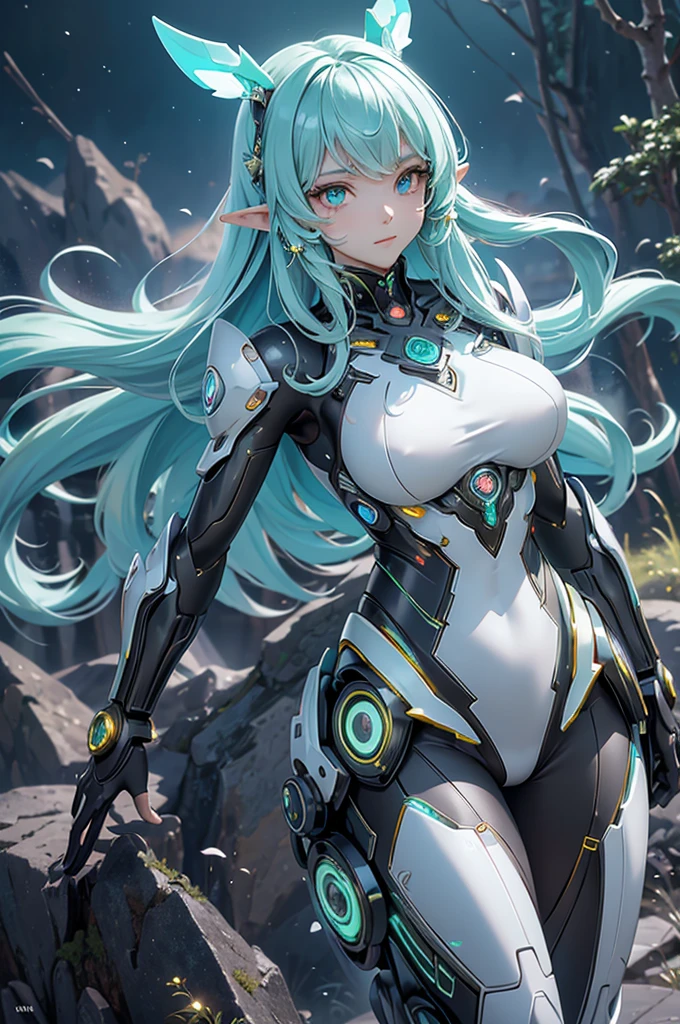 girl, With big breasts, with futuristic white armor, green eyes, by white