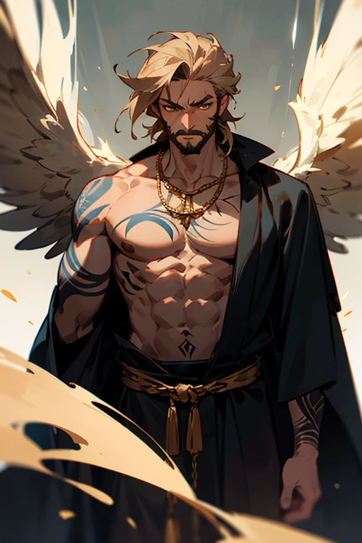 (masterpiece:1.2, best quality:1.2, extremely delicate:1.2), ((male:1.5)), a middle-aged man with slicked-back brown long hair, golden parted bangs, raised thick eyebrows, sharp eyes, rugged features, a full beard, a confident smile, tall and sturdy build, a fantasy martial arts style white open-chest silk coat with a long hem, a yellow shawl, long gloves, a leather belt, canvas trousers, standing in a sunny desert oasis, this character embodies a finely crafted fantasy martial arts style desert ruler in anime style, exquisite and mature manga art style, dramatic, high definition, highres, ultra-detailed, ultra-fine painting, professional, perfect body proportions, golden ratio, anatomically correct, symmetrical face, extremely detailed eyes and face, high quality eyes, creativity, RAW photo, UHD, 32k, Natural light, cinematic lighting, (masterpiece-anatomy-perfect:1.2)
