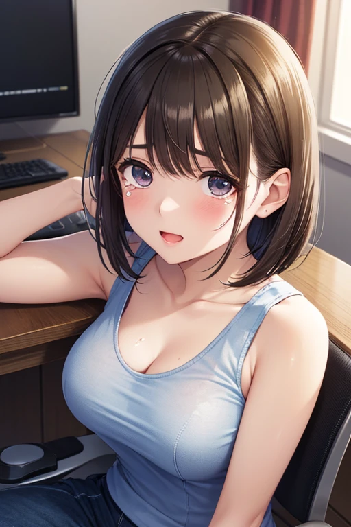 Frame-in, from the front of the face and body, look straight, Upper body, high quality, very high resolution, high quality, very high resolution, pretty girl, brown hair, amount, dull bangs, bob cut, blush, blush, brush up bangs, (nude), topless, medium breasts, I can see your belly button, ((put your hand on your chest)), naughty way to sit, smile, At the office