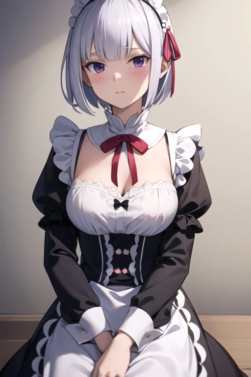 White haired girl with cat ears、anime、One woman、Black Ribbon、Black maid outfit、Bob Hair、anime tone、beautiful girl、Adult