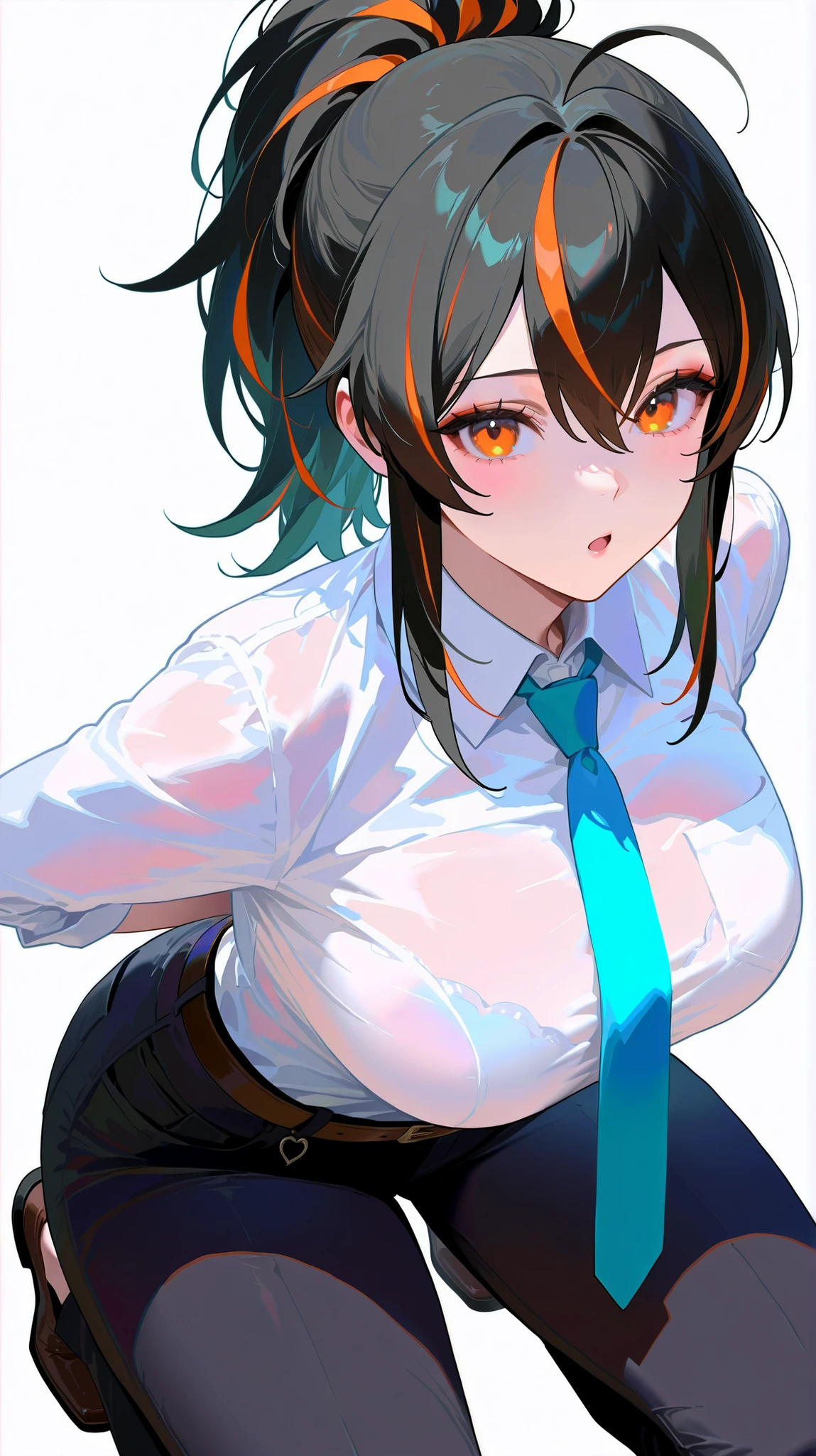 masterpiece, top quality, best quality, official art, beautiful and aesthetic:1.2),(8k, best quality, masterpiece:1.2), (((masterpiece))),(((best quality))),(((extremely detailed))), illustration, who, (masterpiece, top quality, best quality, official art, beautiful and aesthetic:1.2),(8k, best quality, masterpiece:1.2), zhu-yuan, black hair,streaked hair, orange eyes, long hair, ponytail, 1girl, solo, multicolored hair, necktie, black hair, shirt, pants, orange hair, streaked hair, ponytail, white shirt, breasts, orange eyes, collared shirt, white background, :o, black pants, kneeling, blue necktie, looking at viewer, arms behind back, belt
