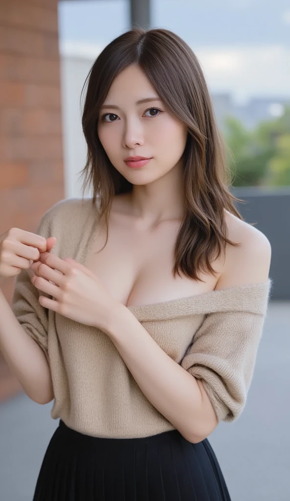 (short hair woman), (off-shoulder sweater, oversized sweater), (hiden short pants), (cross-legged sitting, hands lying on thighs), on bed, medium breasts, deep cleavage, best quality, masterpiece, illustration, very delicate and beautiful, very detailed skin, CG, Unity, 8K wallpapers, amazing, fine detail, highly detailed CG Unity 8K wallpapers, huge file size, high resolution, handsome detailed woman, very detailed eyes and face, Stunning detailed eyes, light on the face, (Best illustration: 1.1), (best shadow: 1.1), ultra high resolution, (photorealistic: 1.1), (photorealistic 1.2:1.1), realistic face proportions,slim,smile,(fluffy black eyes: 1.21), black eyes, looking at the viewer, dark brown hair, earrings, necklaces, hairpins, full body shots, (irregular skin imperfections,veins,moles,skin wrinkles,pores: 1.2), (dark night background: 1.2), (bokeh: 1.4),
