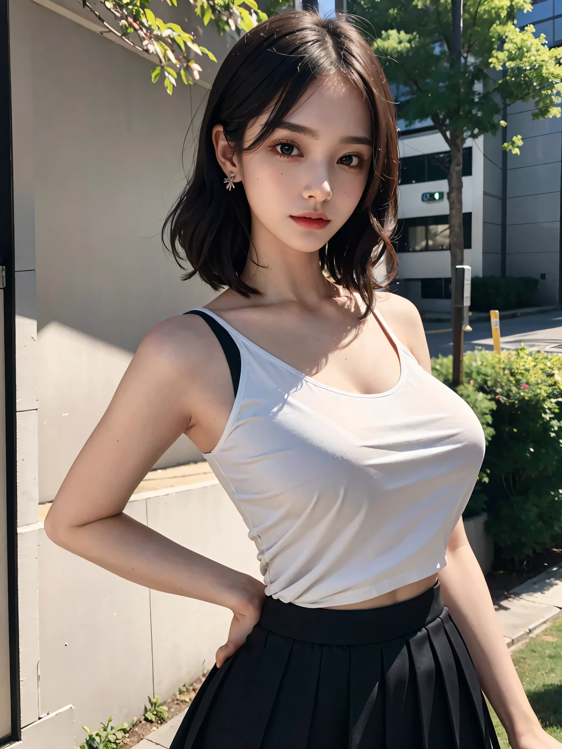 (very huge round breasts, perfect anatomy:1.3), (full body shot:1.2), (short hair, wavy hair), (school uniform, summer school uniform shirt, skirt, sleeveless:1.2), RAW photo, extremely delicate and beautiful, masterpiece, Best Quality, ultra high resolution, 16k, hyperrealistic, ultra-detailed, Very detailed CG 8k wallpaper, Beautiful Lighting, Perfect Lightning, Realistic Shadows, super Detailed shiny skin, perfect figure, Japanese woman, late 20s, very Slim body, narrow waist, very small head, handsome detailed woman, very detailed eyes and face, realistic face proportions, Stunning detailed eyes, Realistic beautiful face, very small face, Realistic small beautiful eyes, double eyelids, makeup, tearful mole, mole on chest, earring,