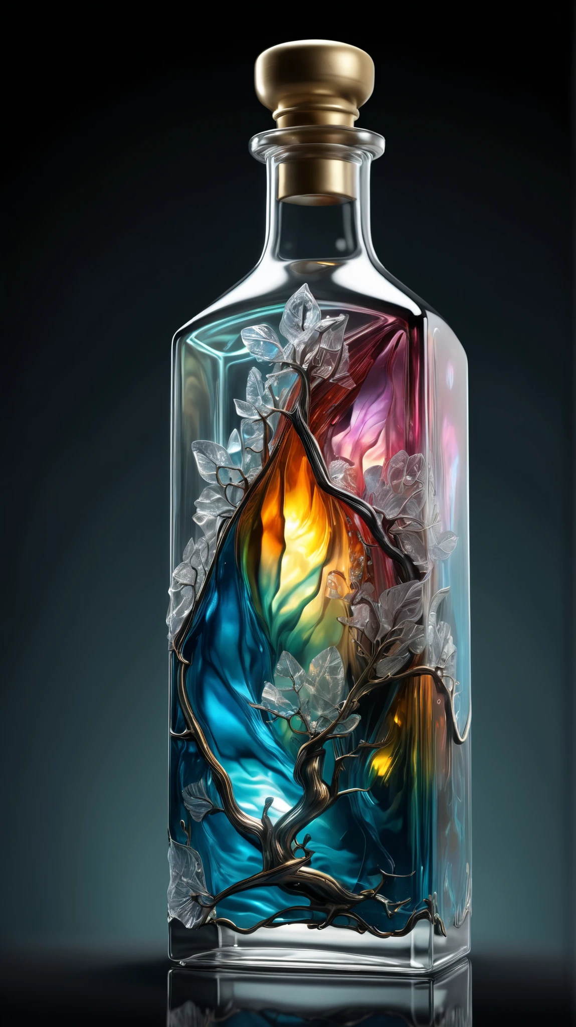 Vadim Kacin and Alberto Seveso 、Mark Simonetti、Jeremy Geddes、 by Gediminas Plankeviciu 、, Close up of a stunning crystal clear stained glass bottle with an aurora fjord inside。 Intricate and Highly Detailed Photorealistic Digital Painting , Artistic Art , album jacket, Amazing depth, Magical Aurora Lights , Filigree Motifs , perfect balance style, Beautiful and Impressive Masterpiece 、 by the person responsible for Prompt