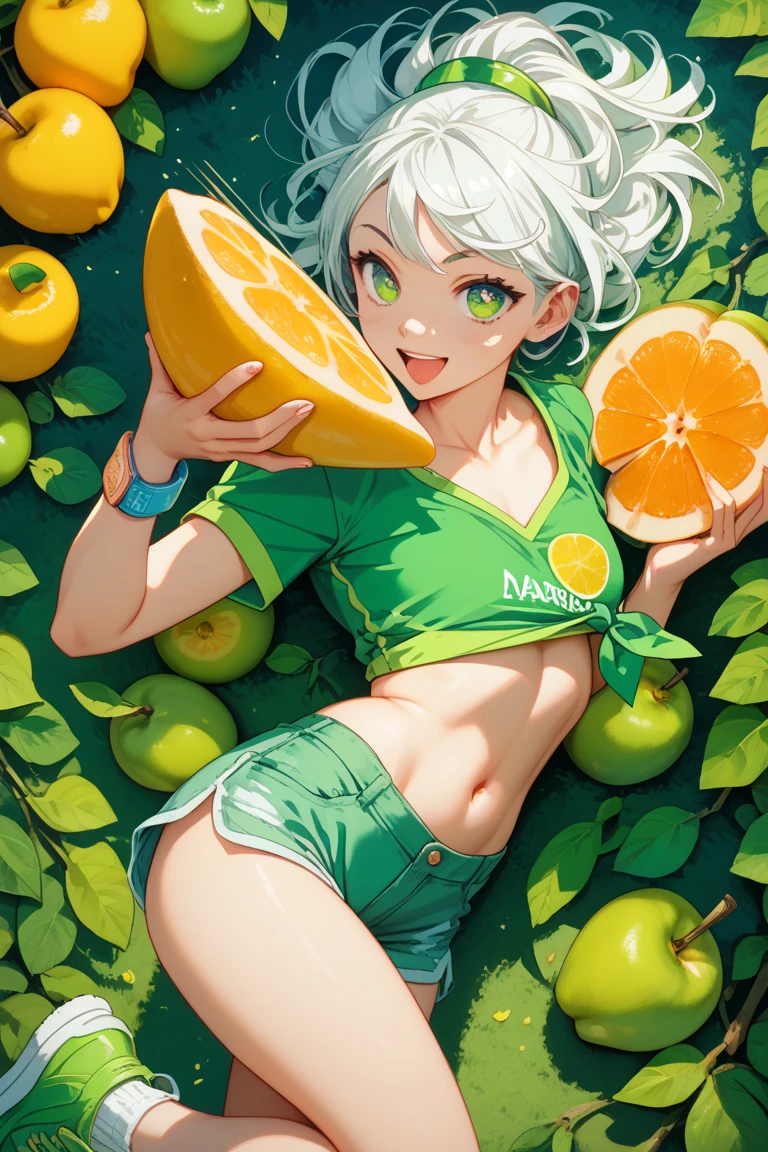 A girl wearing a thin saree dress is sitting on a big mango tree and her breasts are very big and she is eating juicy mango and the mango juice is splashed on her breast and a mango seed is spread between both the breasts.