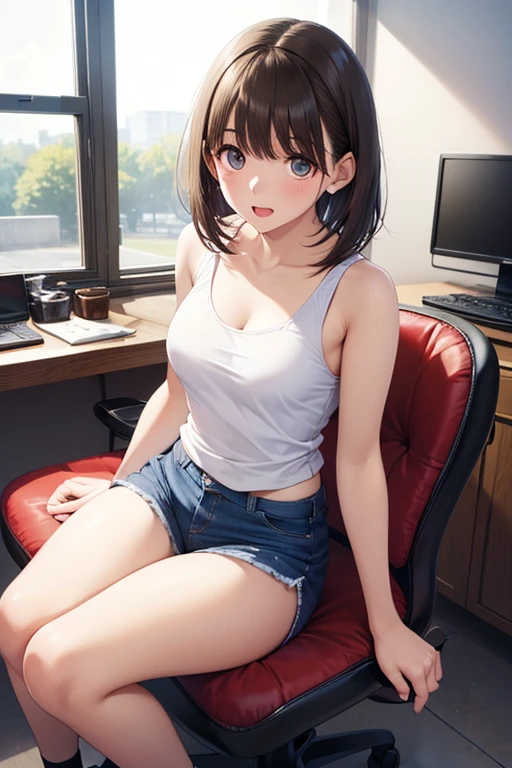 Sitting, legs crossed, short skirt, low cut v-neck shirt, exposed midriff, large breasts, brunette, blue eyes