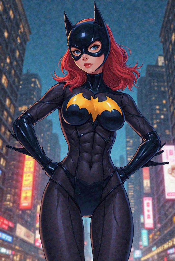 (((from below))), a petite woman with orange hair in ponytail wearing tight black yoga pants, masterpiece, best quality, 1girl, batgirl, atmospheric scene, (detailed beautiful face, detail skin texture, ultra-detailed body:1.1),, ((extreme skin detail)), hdr, ((ultrarealistic)), , medium breasts, ((clothed nipples)), iridescent (((tight black bodysuit))), (((black batman logo))), ((looking up)), (((angry))), ((sweaty)), (((dark eye make up smeared))), utility belt, clothed nipples, camel toe, black lit, in a dojo, training