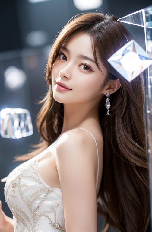 Realistic photos of (1 cute Korean star) hair behind ear, thin makeup, slightly smile, 32 inch breasts size,wearing long dress, playing piano, in the nightclub, close-up portrait, cinematic lighting, UHD