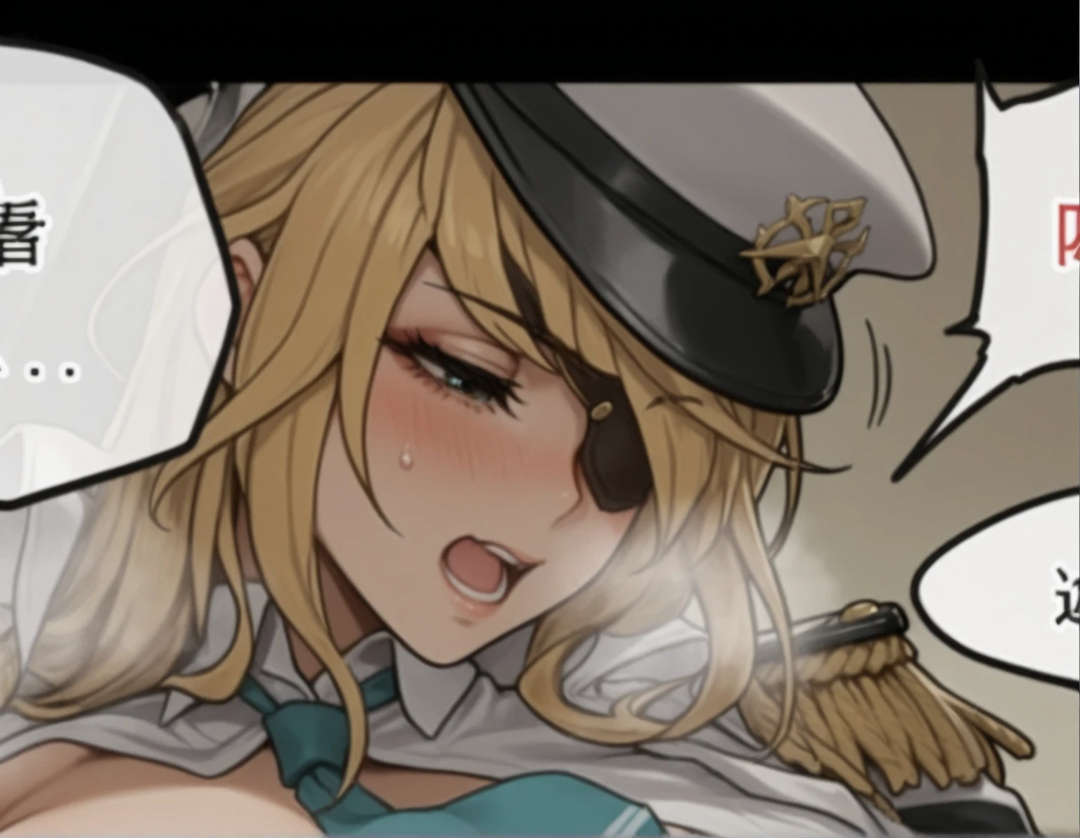 JustineP5, justine (persona 5), (naked:1.3), flat chest, nipples, yellow eyes, hat, braid, eyepatch, long hair, blue headwear, shirt, grey hair, single braid, ooking at viewer,saliva, blush, tongue, open mouth, sweat, tongue out, teeth, saliva trail, wet penis, saliva on penis, close-up, uncensored, penis pressed against cheek, penis against cheek, drunk. horny, licking penis, resting head on penis,