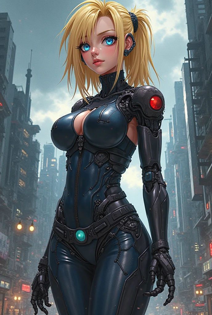 (best quality,ultra-detailed,realistic:1.37),woman cyborg,red eyes,evil,anime,huge ,sleek metallic body,expressionless face,glowing circuits,enormous energy blade,mechanical limbs,dystopian city backdrop,neon lights reflection, night city atmosphere, cowboyshot, thigh gap,