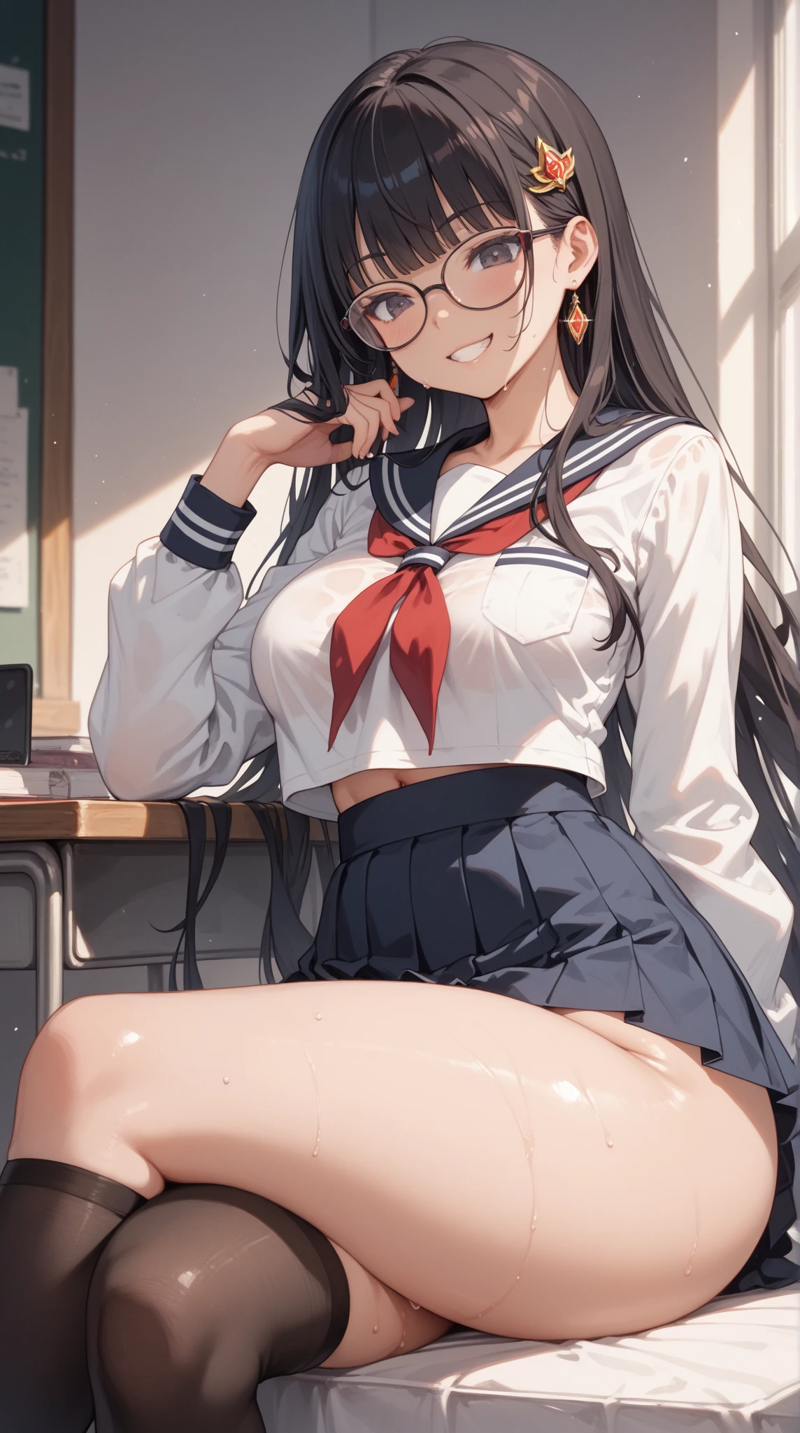 Create an anime-style illustration of a 17-year-old girl named Shizuka. She has long, straight, blue hair with bangs cut straight across her forehead. She has large, almond-shaped silver-blue eyes and porcelain-like white skin. Shizuka often wears glasses.Getting ready in the morning、Super big breasts、(Highest quality:1.4), (super high quality), (Very detailedな), 1 beautiful girl, So cute, (school uniform, Pleated mini skirt:1.5), (Very large breasts:1.1), (Slender body:1.1), (thin and delicate legs), Real skin texture, (Drop your bangs to the side), Bright and shiny lips, Advent of the Beautiful Goddess, Beautiful background, Golden Ratio, Conceptual Art, Very detailed, Accurate, Advanced Details, School classroom, Sit at a desk、Sexy Art, Bright light, Ultra-detailed illustration details, 8K wallpapers incorporating highly detailed CG, RAW Photos, Professional photos, Cinema Lighting, , (Nipple protrusions push up the uniform), Cropped tops, Long Hair