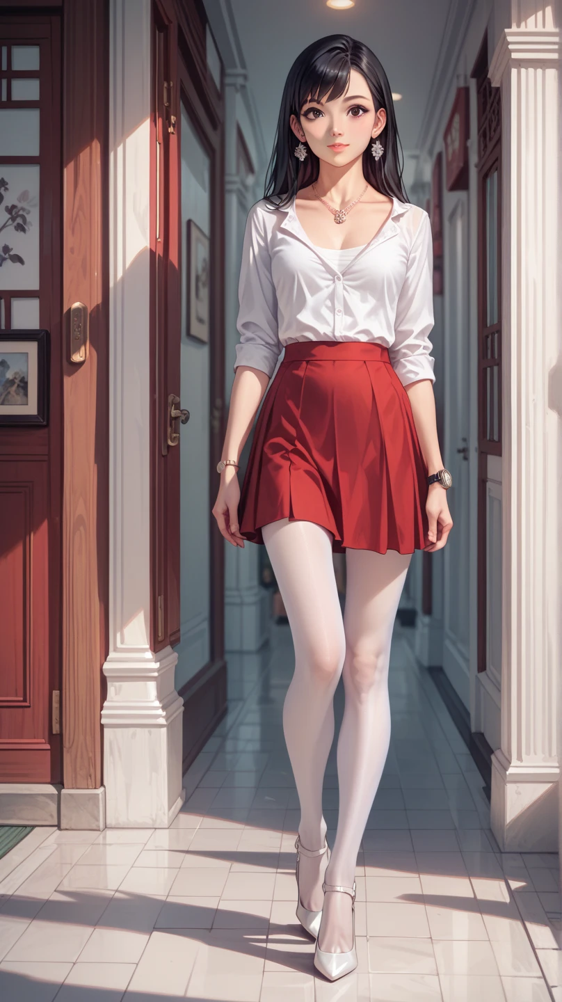 Milli3 Robby Brown, 20yr,  very long puffy curly hair,  head band,  very tiny miniskirt,  pantyhose,  high heels,  sun shiny day 