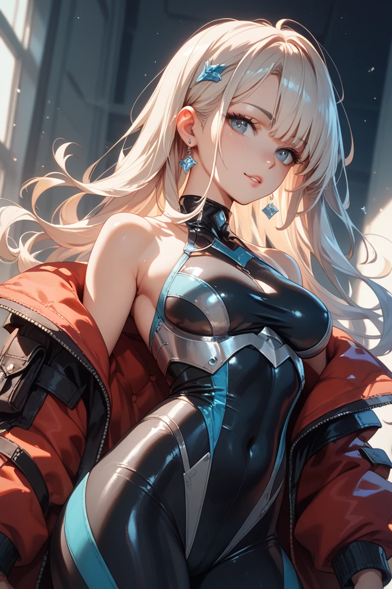 1girl, very very long hair, detailed hair, high ponytail, white sleeveless leather leotard, high open funnel storm collar, side cutout, cleavage, (sideboob:1.2), detailed face, (looking at viewer:1.2), thigh, light particles, best quality, (masterpiece:1.2), ultra-high resolution, (realistic:1.3), futuristic elegance, clear focus, gentle lighting, vivid colors, (loli, cute:1.3), (breasts:1.2), gigantic breasts,
