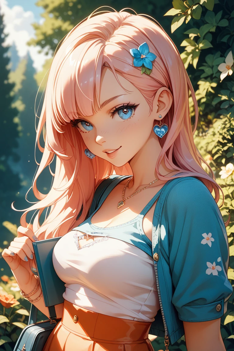 bust art of a cute girl, 1girl, c-cup breasts, shoulder length pink hair, straight hair, (dark blue eyes), (light blue long sleeve shirt), (white flowy dress), park scenery, cute face, beautiful smile, full lips, pink lipstick, glossy lips, cowboy shot, detailed lips, romantic date, hair blowing in the wind