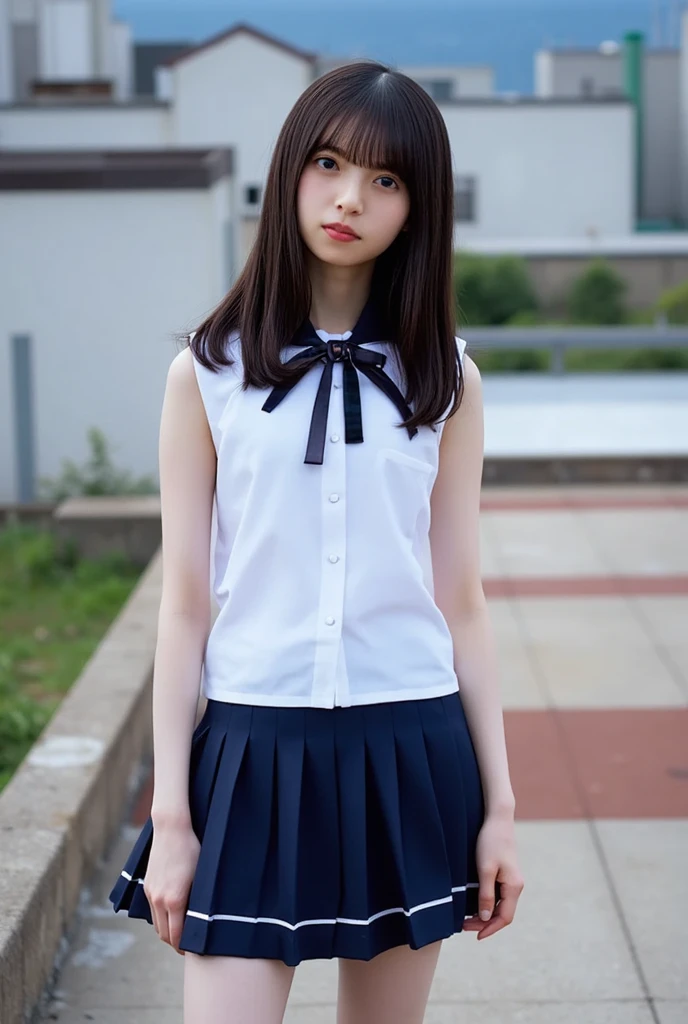 8k,Japanese,10 years old,innocent face,teenage girl,cute,summer clothes,everyday wear,sitting,petal,black hair,ribbon