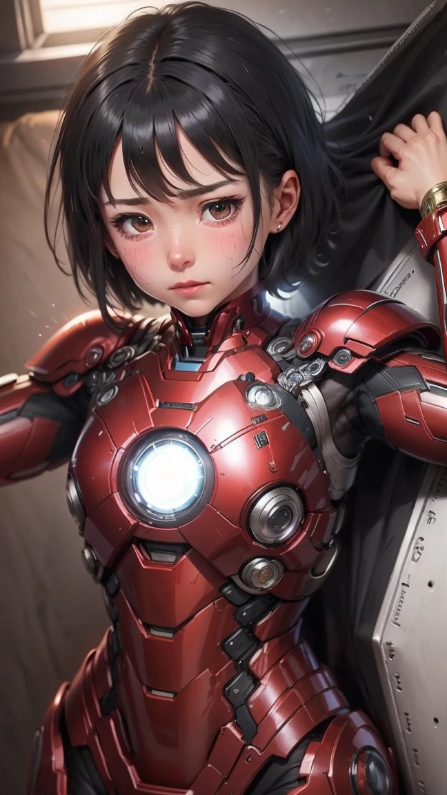 Highest quality 8k Iron Man suit girl Elementary school girl Sweaty face cute short hair boyish Steam coming out of the head My hair is wet with sweat Black Hair Steam coming out of her body