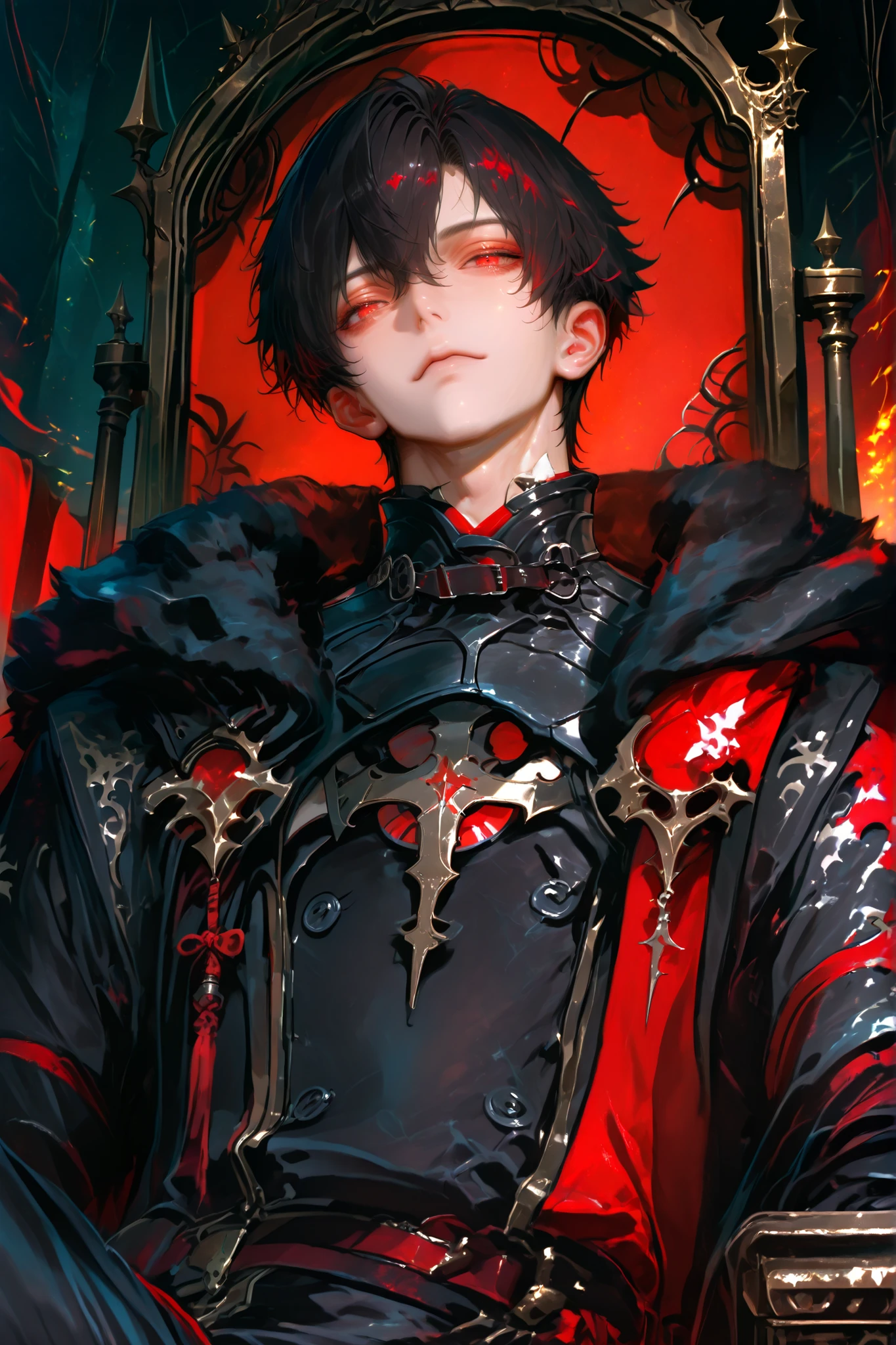 masterpiece, best quality, Detailed Eyes, boy, male, handsome, fantasy, red eye, shortcut black hair, semi realistic, 8k, black medieval suit with crimson color accessories, looking at viewer, emotionless face, solo character, half body, sitting one throne