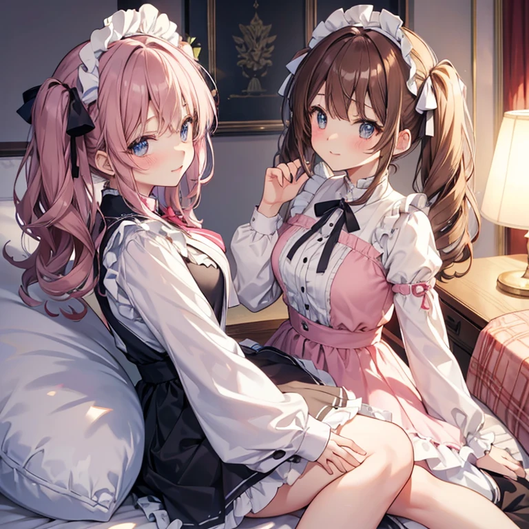 highest quality、masterpiece、((2 girls:1.5))、((smile:1.3))、(blush:1.3)、Black Shirt、blouse、((fun!!))、(Small breasts)、()、Blonde、(Long sleeve)、((White apron:1.5))、((Maid))、((hair ornaments)),、Kamimei、look at me、 ((in house:1.5))、 Taking a break from watching the audience、Cowboy Shot、(Skirt lift:1.3),(Highly detailed pink striped panties:1.3)、(Highly detailed panties:1.3)、、(スカート that rolls up:1.3)、(Panties fully exposed:1.5)、Light blue eyes、long hair、Glowing Eyes
