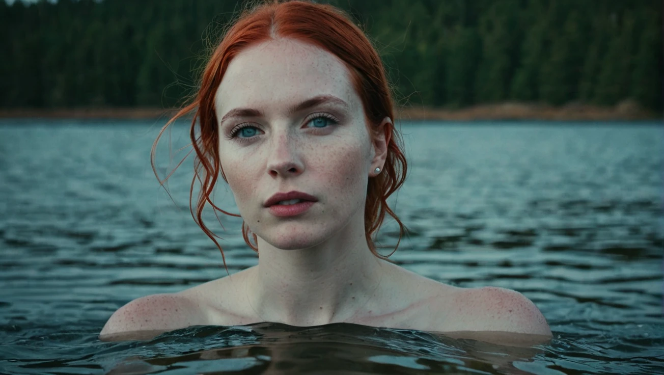 A red-haired blue-eyed princess with wavy hair taking a bath in the enchanted lake