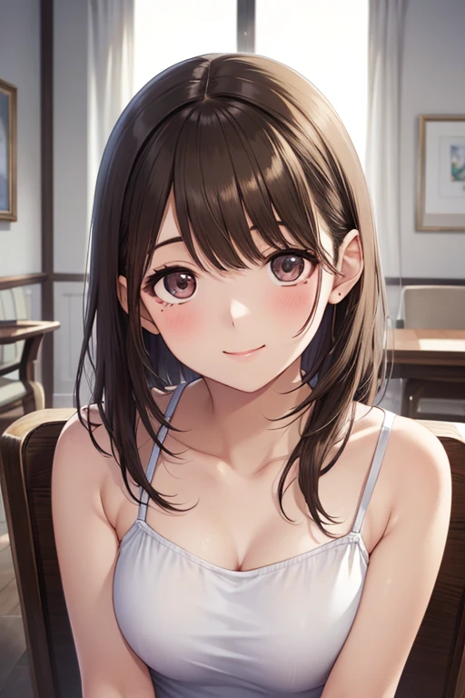 From below、5 biologically correct fingers、Placing hand on cheek、Cleavage、Upper Body, Realistic, Real person, (Pale skin: 1.2), RAW Photos, Realistic, Shiny skin, Shiny Hair、(A 25-year-old woman with medium-length hair and bangs) and (Wavy Hair) and (Brown Hair) and (Orange eyes) , Wearing a white tank top 、smile, Open your mouth, The background is the living room、alone、Are standing