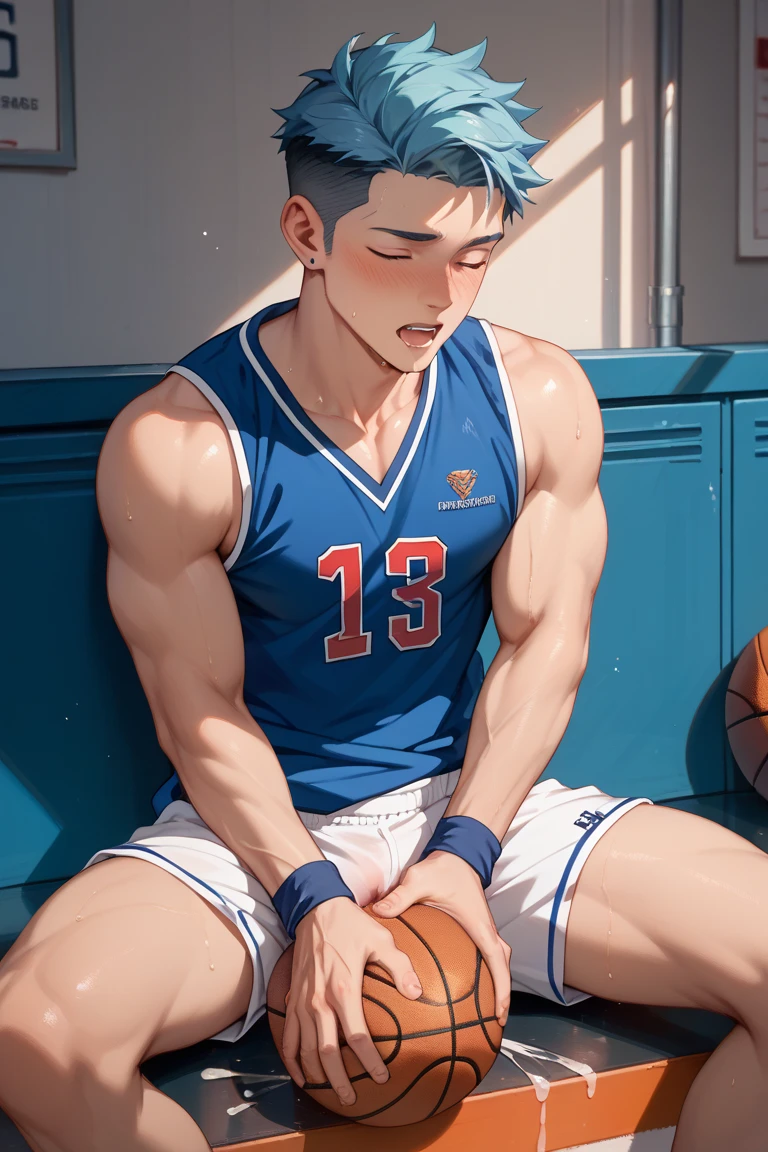 a shirtless 19-year old handsome caucasian male in faded haircut, white basketball shorts, rubber shoes, cute, handsome face, six-pack abs, beautiful body, well-defined body, sweating profusely, dripping sweat, shirtless, sitting on the bench in the basketball court 