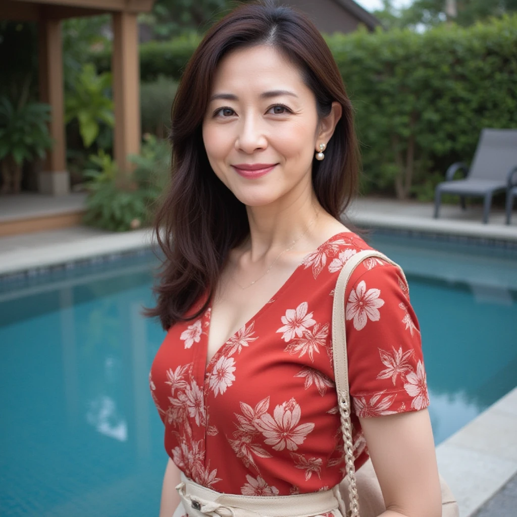 girls and boys, ((highest quality)), ((8K)), ((masterpiece:1.3)), (be familiar with), ((cinema quality)), (daytime outdoors), (party by the pool), (large number of party guests), (Bright throughout with strong natural light), perfect face, ((Japanese woman being approached by a man by the pool)), (I&#39;m dimly lit), ((57 years old)), ((red silk party dress)), (Laughter wrinkles on the face), (wrinkles at the corners of the eyes), (Tear bag on lower eyelid), (Semi-long hair curled inwards), (natural movement hair), ((standing woman)), (gorgeous necklace), (Slender), small breasts, (Long breasts), (Look up diagonally to the left), ((A man diagonally in front of my left)), (back view of man), 