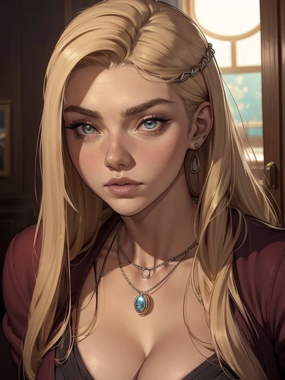 (best quality, masterpiece1.2), (detailed eye:1.2), intricate detail, depth of field, 20 years old girl, sitting, off shoulder, backlight, sunlight, (blonde, long hair:1.2), see-through, looking at viewer, earrings, hair ornament, choker, wind, lens flare, cleavage, sultry look, seductive,