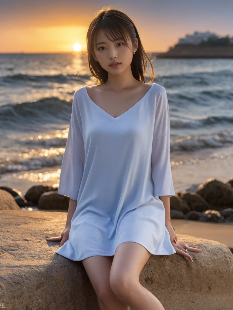 (highest quality、Masterpiece、8k、Best image quality、Hyperrealism、Award-winning works)、One high school girl、(The most natural and perfect white polyester collared shirt:1.2)、(Naked and wearing only a polyester collared shirt:1.3)、(Naked lower body:1.3)、(Bare legs:1.2)、Full body photo、(Standing Elegantly:1.1)、(beautiful thick legs:1.1)、(Big Breasts:1.1)、(Cleavage:1.2)、Attractive body、white shining shirt、(Standing elegantly on the shore:1.1)、The best smile he had when he saw me、Strongly blurred background、Detailed depiction of the ocean、(Beautiful Hiroshi々Standing on a secluded beach:1.1)、Beautiful clear sky、Vivid beautiful sky、Beautiful cumulonimbus clouds、(The clearest, most beautiful and vibrant sea:1.1)、The most realistic and complex backgrounds、A crystal clear sea、Very bright、Upper body photo、(Accurate anatomy:1.1)、Accentuate your body lines、Perfect Makeup、Long eyelashes、Bright lipstick、Glossy Lips、Ultra high definition glossy skin、(Ultra-high resolution, bright and beautiful skin:1.1)、Ultra-high definition glossy lips、Ultra-high resolutionの美しい歯、(Very bright and vivid:1.1)、(Bright and glowing skin:1.1)、(bright and shining shirt:1.1)、Beautiful horizon