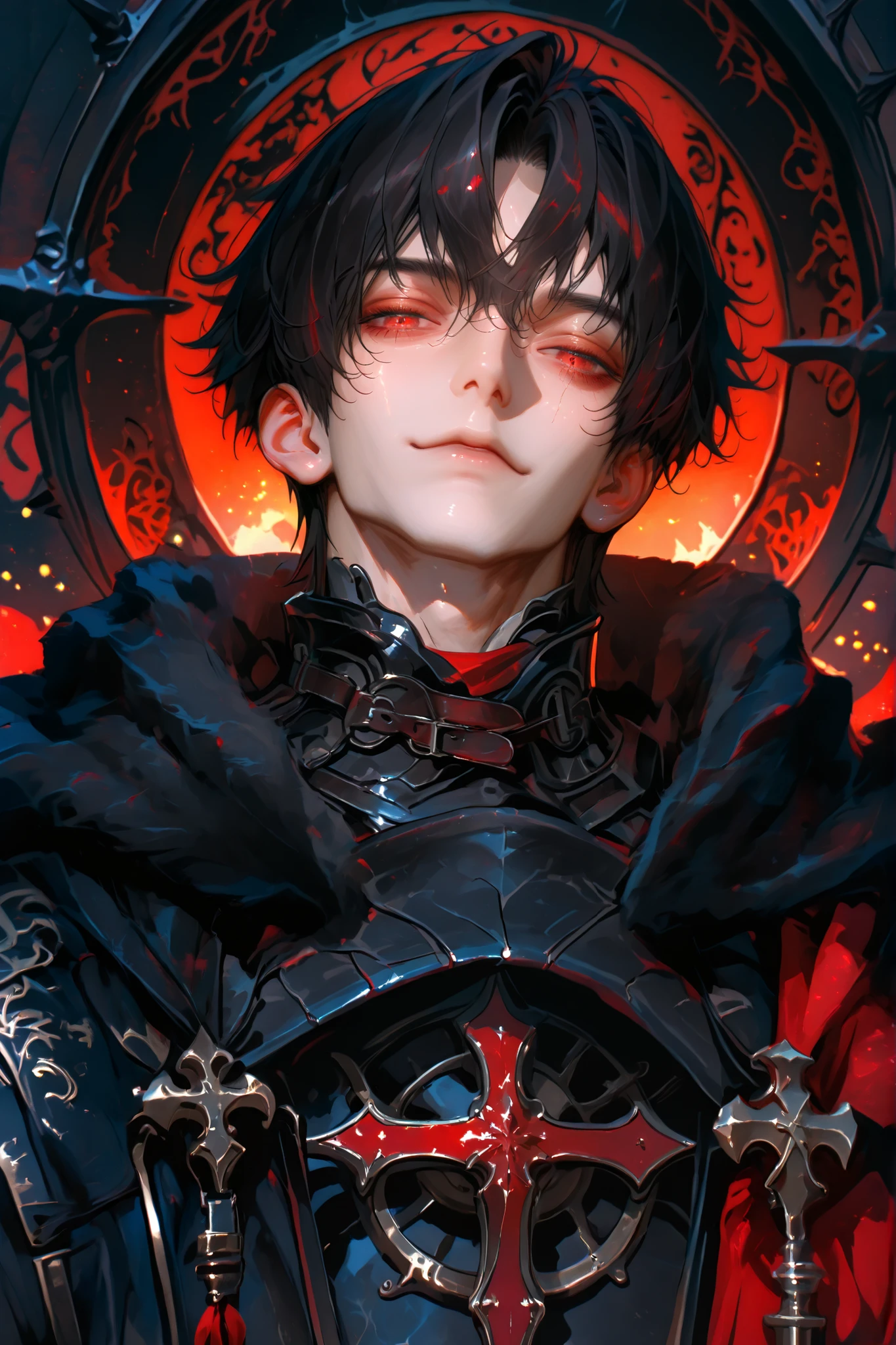 masterpiece, best quality, Detailed Eyes, boy, male, handsome, fantasy, red eye, shortcut black hair, semi realistic, 8k, black medieval suit with crimson color accessories, looking at viewer, emotionless face, solo character