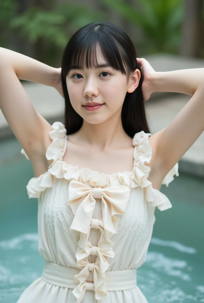 Typically detailed CG Unity 8K wallpaper，（masterpiece），（Highest quality），（Super detailed），（Ultra-realistic character details：1.36），Nikon D750F / 1.4 55mm，Professional Lighting， Physically Based Rendering, 1 Girl,  white strapless vest，barefoot，White Stockings，Golden Example,[:(Has a delicate face:1.2):0.2]:，Raw photon photography， Look directly at the viewer，(View from above:1.5)，