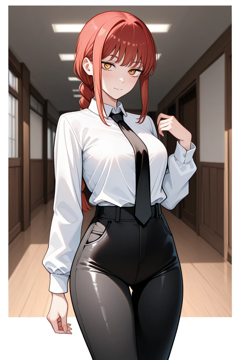 makima, long hair, smile, bangs, (yellow eyes:1.2), braid, red hair, braided ponytail, ringed eyes, BREAK  shirt, long sleeves, jacket, white shirt, necktie, collared shirt, pants, black jacket, black pants, formal, suit, black necktie, shirt tucked in, office lady, BREAK indoors, office, BREAK looking at viewer, BREAK (masterpiece:1.2), best quality, high resolution, unity 8k wallpaper, (illustration:0.8), (beautiful detailed eyes:1.6), extremely detailed face, perfect lighting, extremely detailed CG, (perfect hands, perfect anatomy),BREAK 艶かしい目つき,A lewd look,Pervertな目,(large breasts,busty),wide tits,wide ass,(curvin waist),full bust,slender,(Very thin_Waist:1.4),((Poses that accentuate large breasts)),((breast focus)),Lust,Undressing,Estrus,sweat,Heavy breathing,Pervert,Slut,((Tight big breasts)),breast close-up