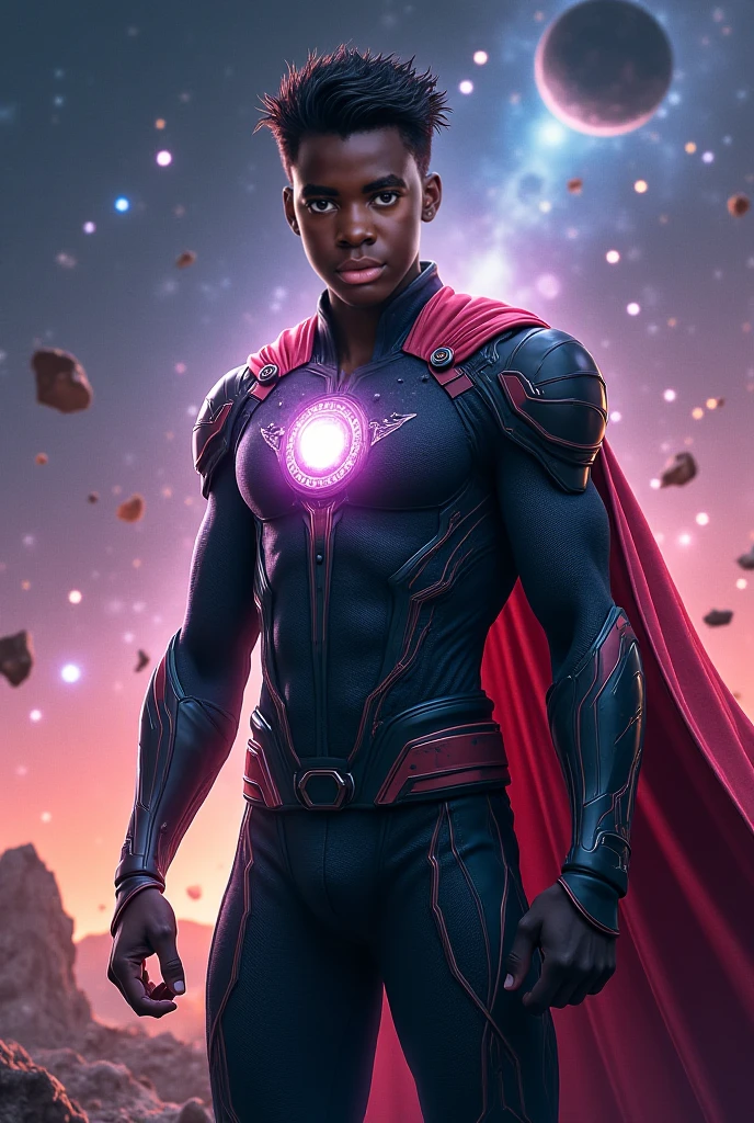 Create an image of a young, dark-skinned man, Futuristic black armor with blue details, with a red cape and a look and short afro hair and blue eyes using purple energy