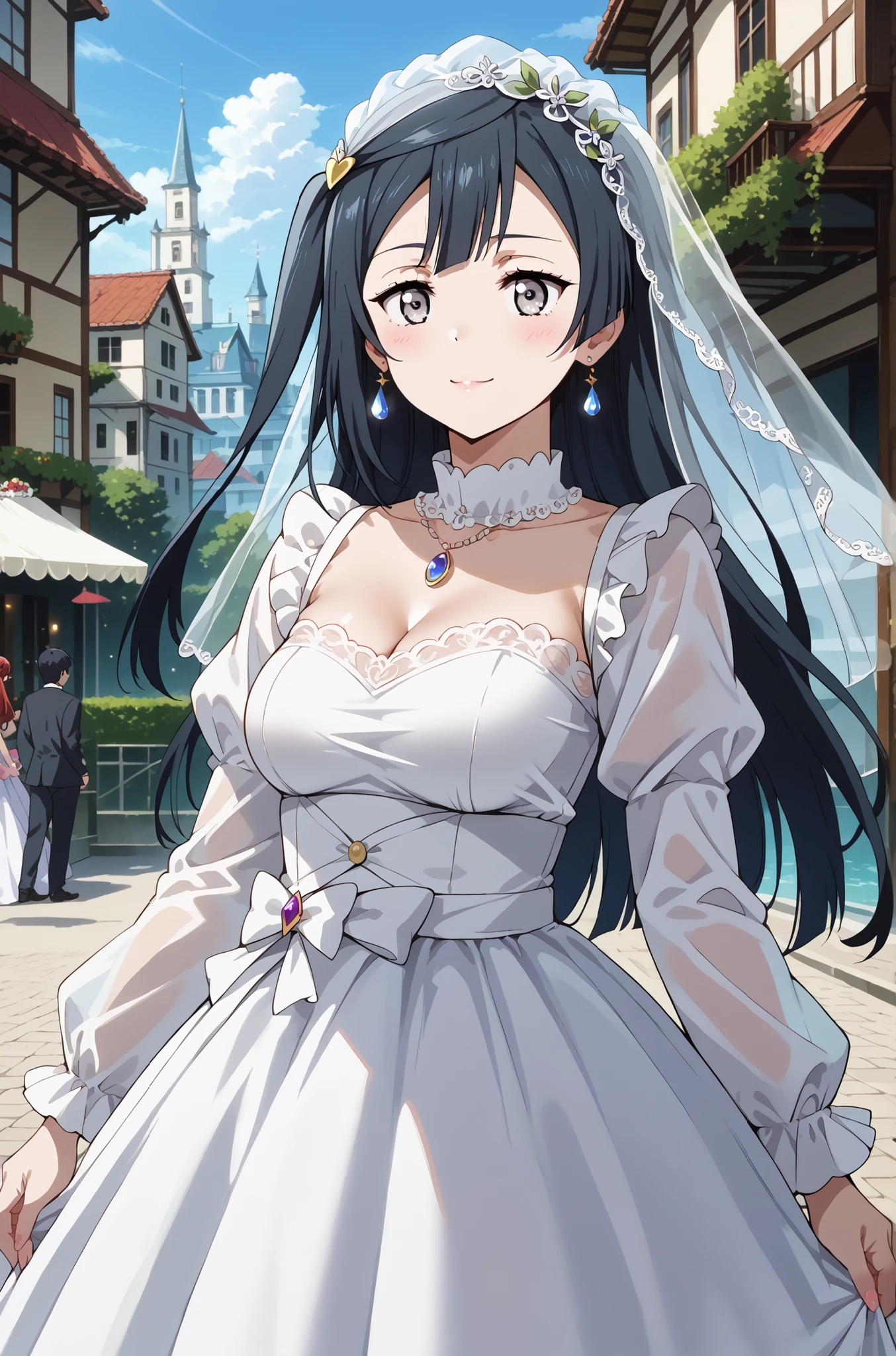 score_9, score_8_up, score_7_up, source_anime, 4K,perfect fingers,(perfect hands, perfect anatomy),prefect lighting, very aesthetic, intricate details,highly detailed background, masterpiece, high quality, best quality,
1girl, setsuna yuuki, yuuki setsuna (love live!), long hair, bangs, black hair, sidelocks, grey eyes, one side up, hair ornament, Large Breast,,
wearing (( transparent tulle wedding dress with long sleeve, )) ,,
A sagging breast, Standing at attention,