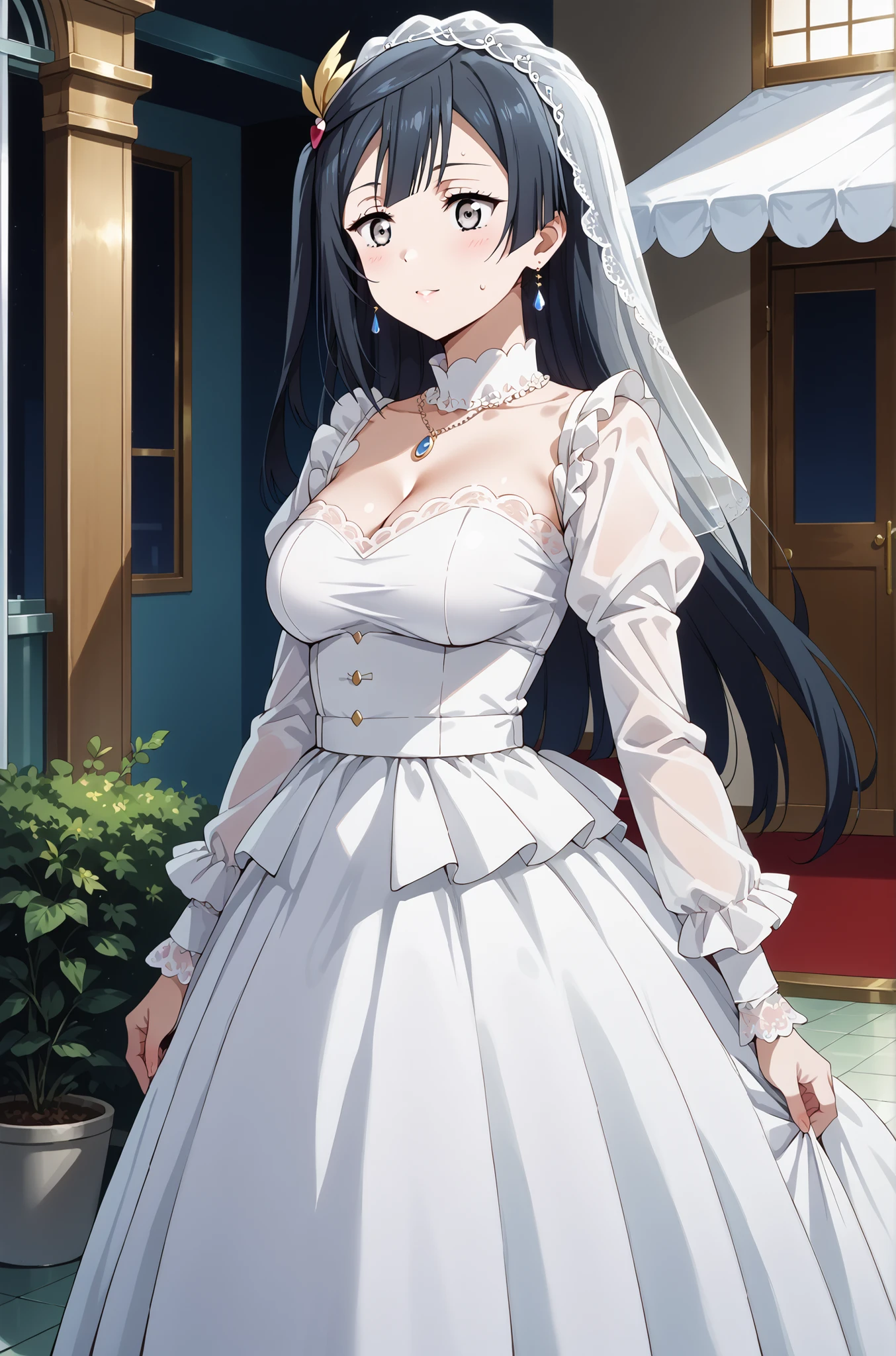 score_9, score_8_up, score_7_up, source_anime, 4K,perfect fingers,(perfect hands, perfect anatomy),prefect lighting, very aesthetic, intricate details,highly detailed background, masterpiece, high quality, best quality,
1girl, setsuna yuuki, yuuki setsuna (love live!), long hair, bangs, black hair, sidelocks, grey eyes, one side up, hair ornament, Large Breast,,
wearing (( transparent tulle wedding dress with long sleeve, )) ,,
A sagging breast, Standing at attention,