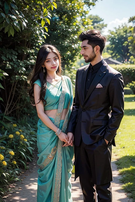 A boy holding a girl's hands, romantic, black and purplesaris dress , high quality detail, ultra realistic, waist out, 18 old boy, 16old girl,