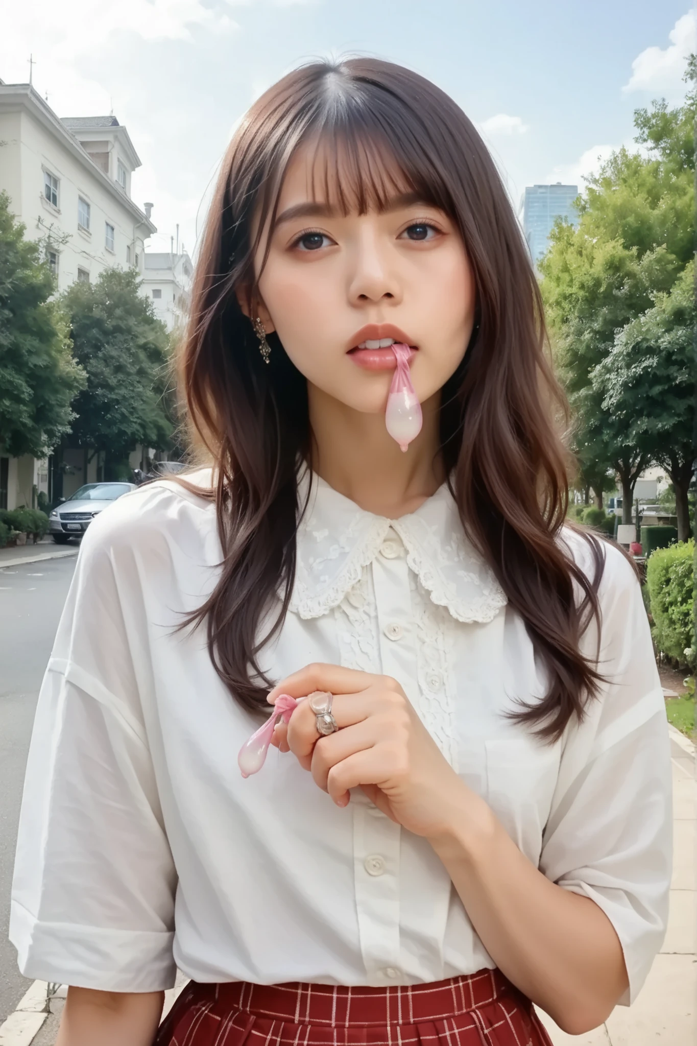 Score_9, Score_8_up, Score_7_up, rating_safe, realistic, photo realistic, masterpiece, best quality, intricate details, (sharp focus), cowboy shot, solo, 1girl, a Japanese actress, (blouse, skirt), (used condom in mouth, face focus, view from front), detailed face, detailed eyes, sophisticated nose, pale skin, skin details, detailed hands, detailed fingers, anatomically correct proportion, outdoors, home, backyard, sunny,