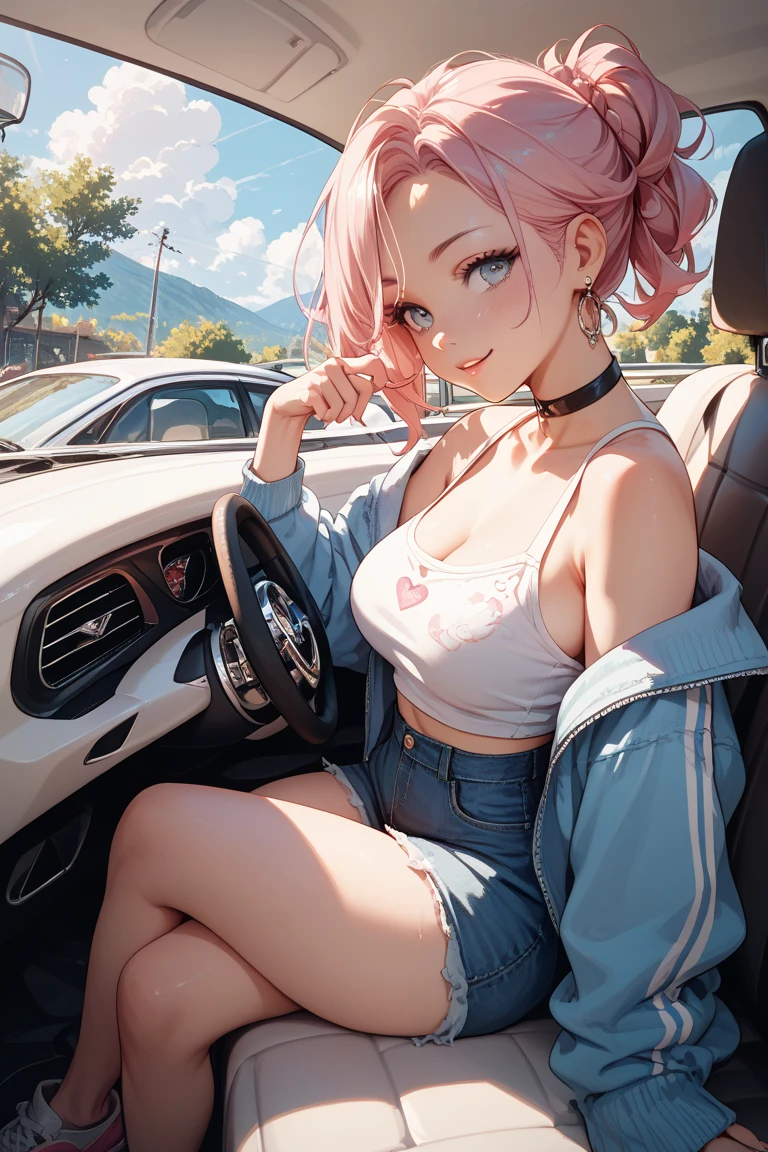 A girl with long pink hair, white slip dress, delicate face, thin waist, milky skin, sexy, clear cleavage, BMW interior, co-pilot, smiling